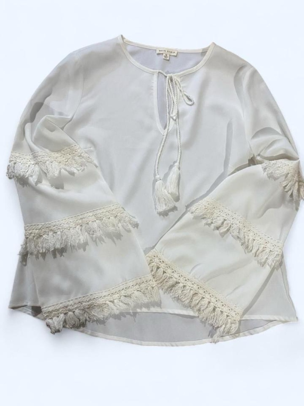 Main Strip Ivory Tassel-Trim Bell Sleeve Blouse